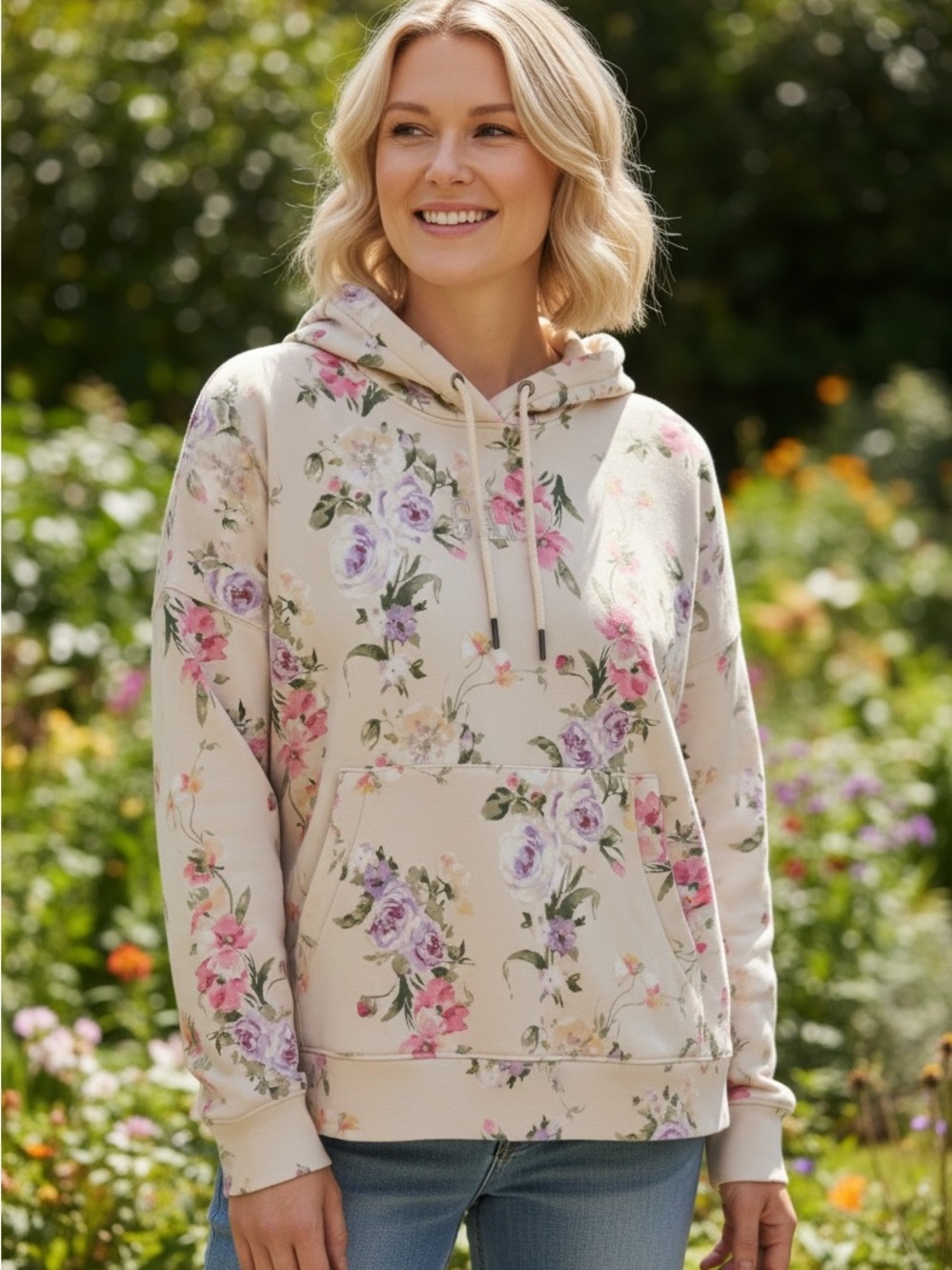 GAP Cream Floral Hooded Sweatshirt with Pink & Purple Blooms